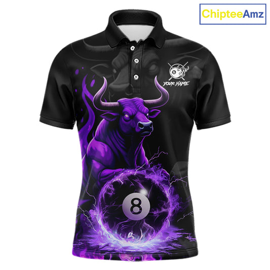 Black & Purple Flames Pool 8 Ball Men's Billiard Team Shirt Custom Funny Bull Billiard Attire NYN2502
