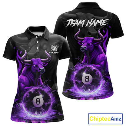 Black & Purple Flames Pool 8 Ball Women's Billiard Team Shirt Custom Funny Bull Billiard Attire NYN2502