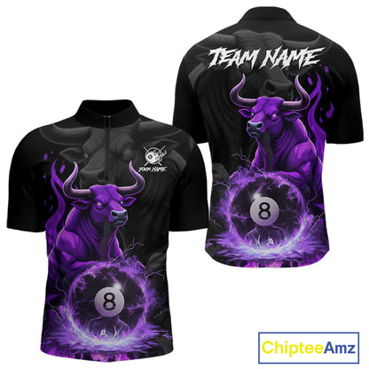 Black & Purple Flames Pool 8 Ball Men's Billiard Team Shirt Custom Funny Bull Billiard Attire NYN2502