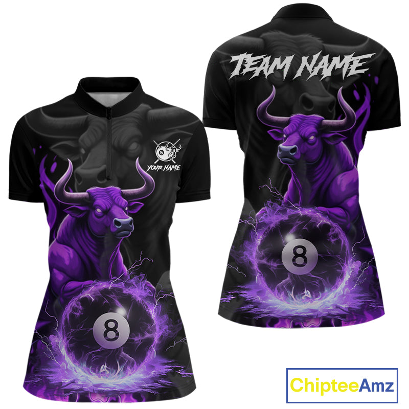 Black & Purple Flames Pool 8 Ball Women's Billiard Team Shirt Custom Funny Bull Billiard Attire NYN2502