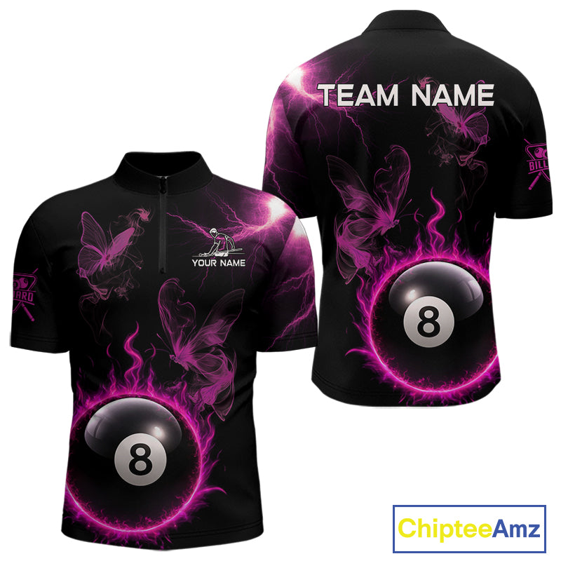Pink Smokes Butterfly Pool 8 Ball Men's Billiard Team Shirt Custom Billiard Polo & 1/4-Zip Attire NYN2505