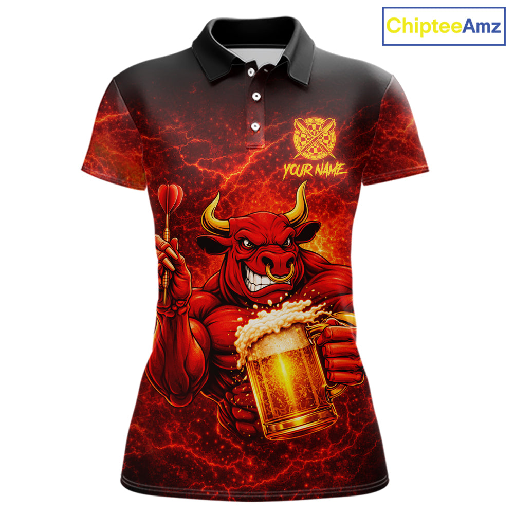 Red|Funny Bull & Beer Thunder Lightning Dart Polo Shirts For Women Custom Name For Darters NYN2698