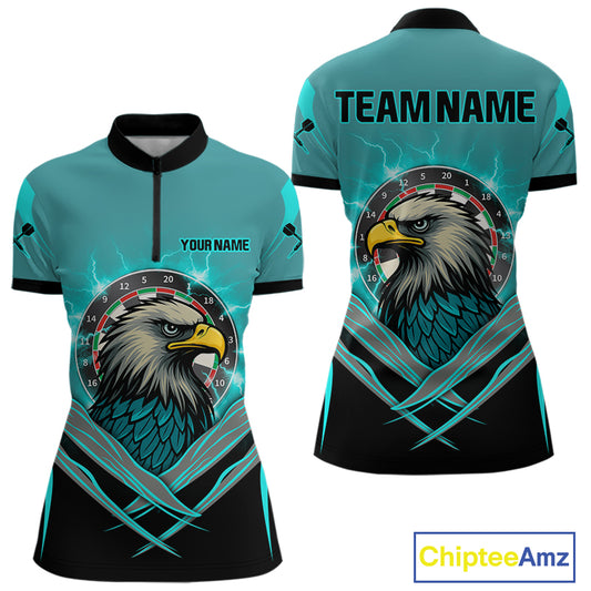 Women's Custom Darts Shirt Turquoise Eagle And Thunder Lightning Dartboards NYN0289