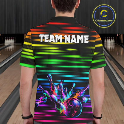 Colorful Splatter Paint Bowling Shirt For Men Custom Rainbow Strike Lightning Team Bowling Attire NYN3229