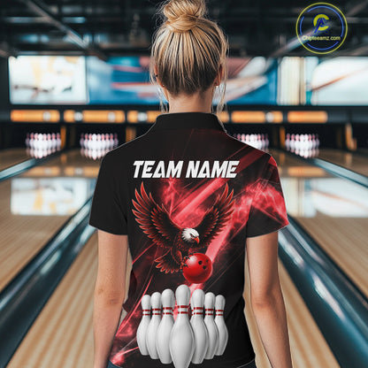 Red Smoking Bowling Polo & 1/4-Zip Shirt For Women Custom Funny Eagle Team Bowling Jersey NYN3239