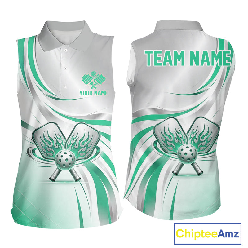 Green And Silver Pickleball Custom Sleeveless Polo Pickleball Shirt For Women, Flame Pickleball Paddles Jerseys NYN4110