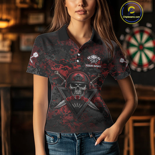 Skull Warrior Red Digital Camo Custom Funny Darts Polo Shirt For Women Dart Jerseys NYN1951