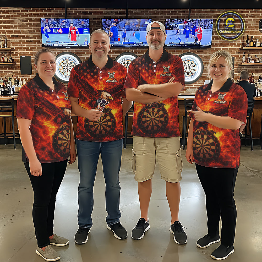 US Flag Eagle Flame Dartboard Darts Polo Shirts For Men Custom Patriotic Dart Team Jerseys NYN2507