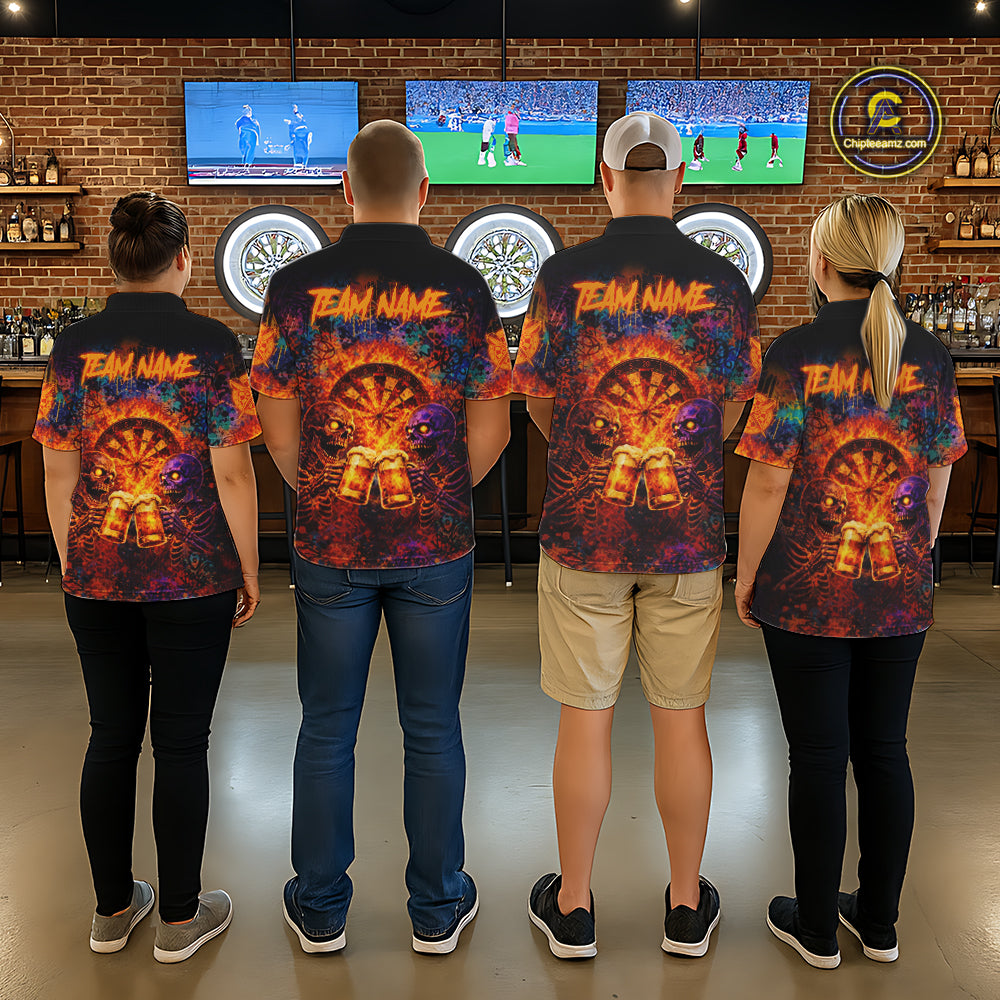 Funny Skeleton Cheer Beer Flame Men Darts Polo Shirt Custom Graffiti Dart Team Jerseys NYN2513