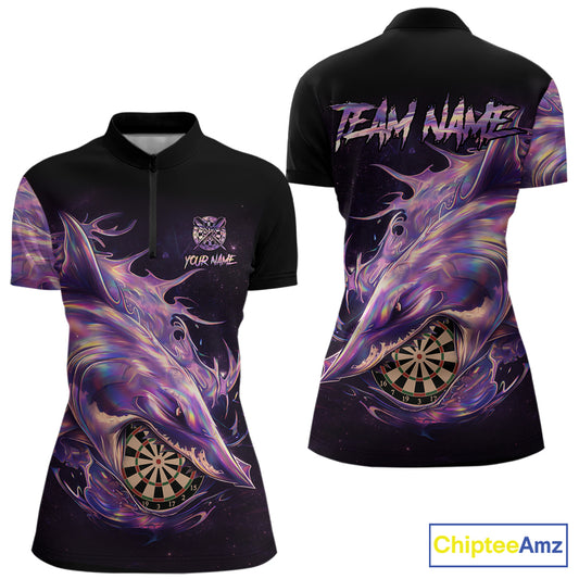 Personalized Pink Holographic Shark Women Darts 1/4-Zip League Shirts Funny Grunge Dart Jerseys NYN2707