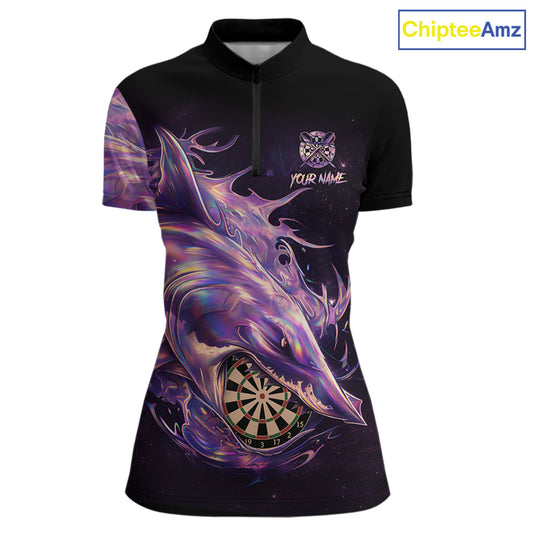 Personalized Pink Holographic Shark Women Darts 1/4-Zip League Shirts Funny Grunge Dart Jerseys NYN2707