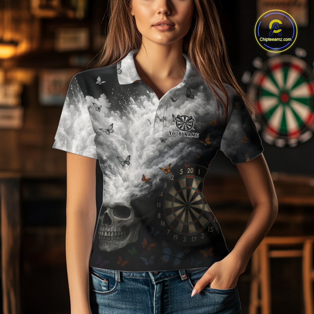 Custom White Smokes Skull Dartboard Women Dart Polo Shirt Butterfly Dart Jerseys NYN2708