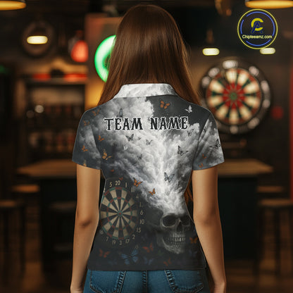 Custom White Smokes Skull Dartboard Women Dart Polo Shirt Butterfly Dart Jerseys NYN2708