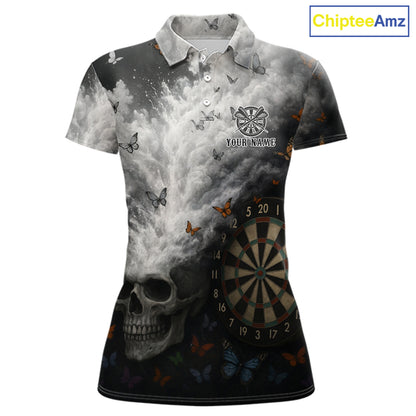 Custom White Smokes Skull Dartboard Women Dart Polo Shirt Butterfly Dart Jerseys NYN2708