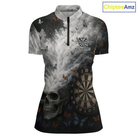 Custom White Smokes Skull Dartboard Women Dart 1/4-Zip Shirt Butterfly Dart Jerseys NYN2708