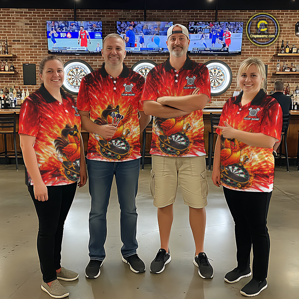 Mens Darts Funny Rooster Red Flames Polo Shirt Custom Name Polo Quarter Zip Shirt Gift For Darters NYN2857