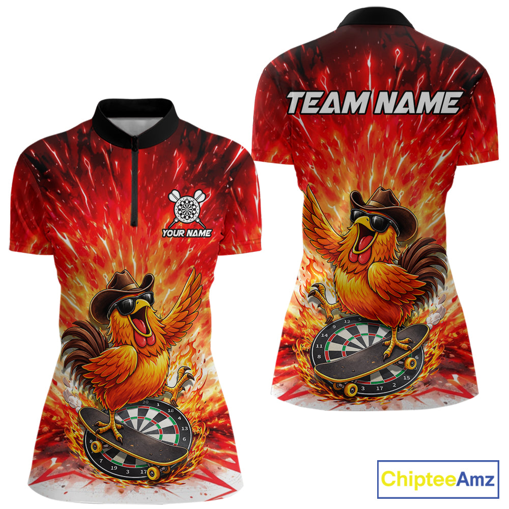 Womens Darts Funny Rooster Red Flames Polo Shirt Custom Name Polo Quarter Zip Shirt Gift For Darters NYN2857