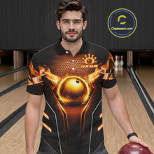 Load image into Gallery viewer, Custom Fire Flame Bowling Jerseys For Men, Personalized Bowling Pin &amp; Ball Team Shirts | Yellow NYN3069