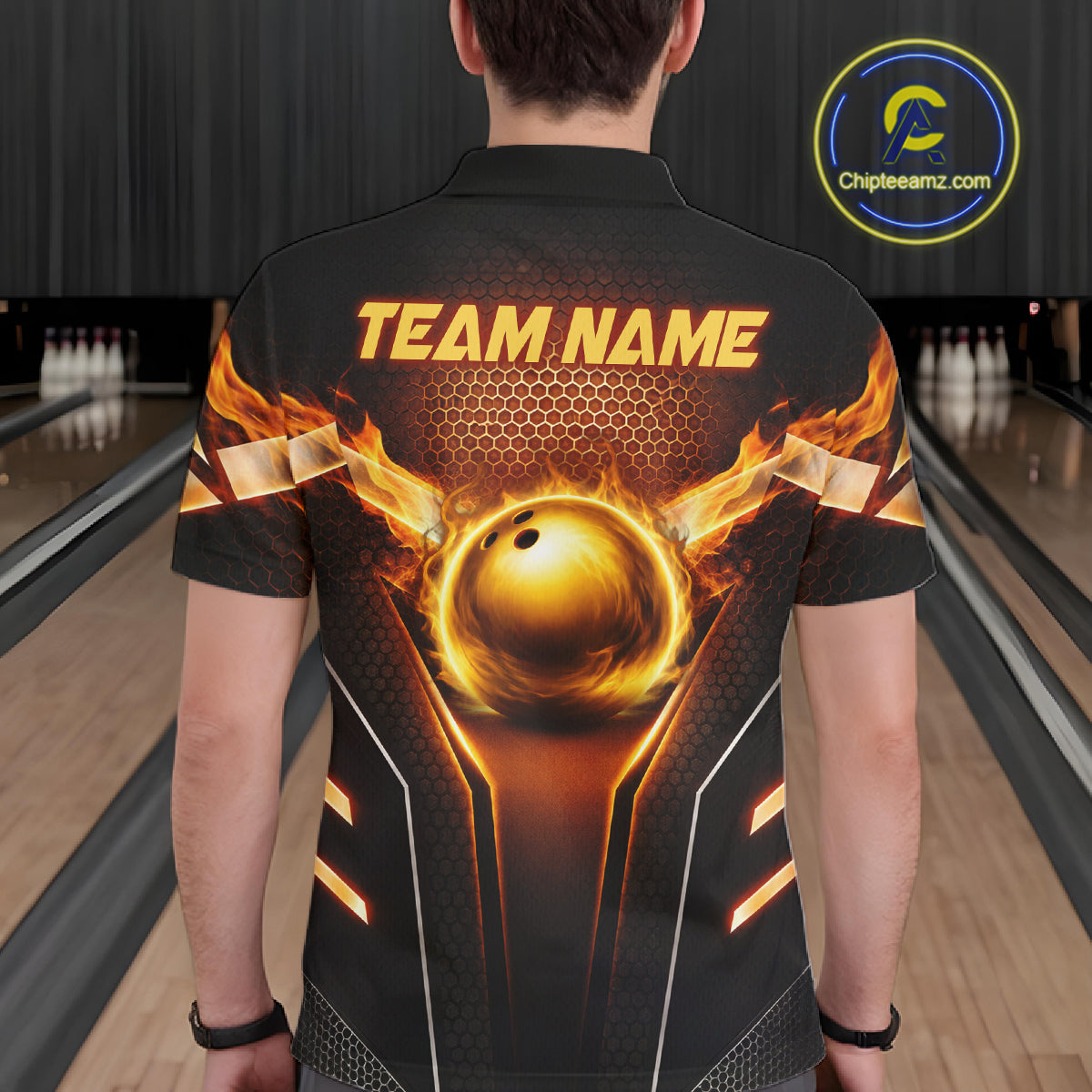 Custom Fire Flame Bowling Jerseys For Men, Personalized Bowling Pin & Ball Team Shirts | Yellow NYN3069