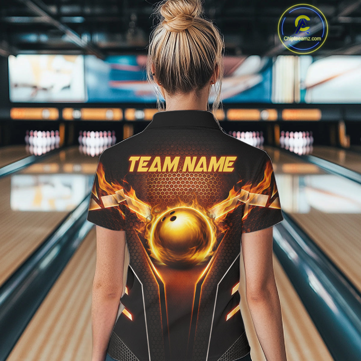 Custom Fire Flame Bowling Jerseys For Women, Personalized Bowling Pin & Ball Team Shirts | Yellow NYN3069