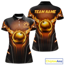 Load image into Gallery viewer, Custom Fire Flame Bowling Jerseys For Women, Personalized Bowling Pin &amp; Ball Team Shirts | Yellow NYN3069