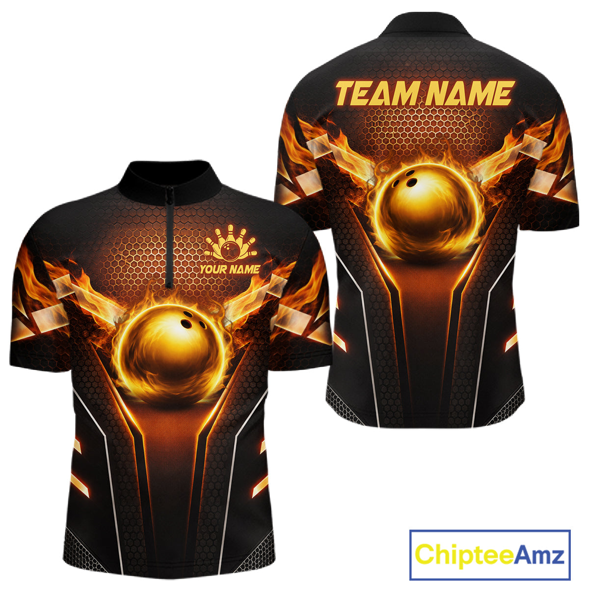 Custom Fire Flame Bowling Jerseys For Men, Personalized Bowling Pin & Ball Team Shirts | Yellow NYN3069