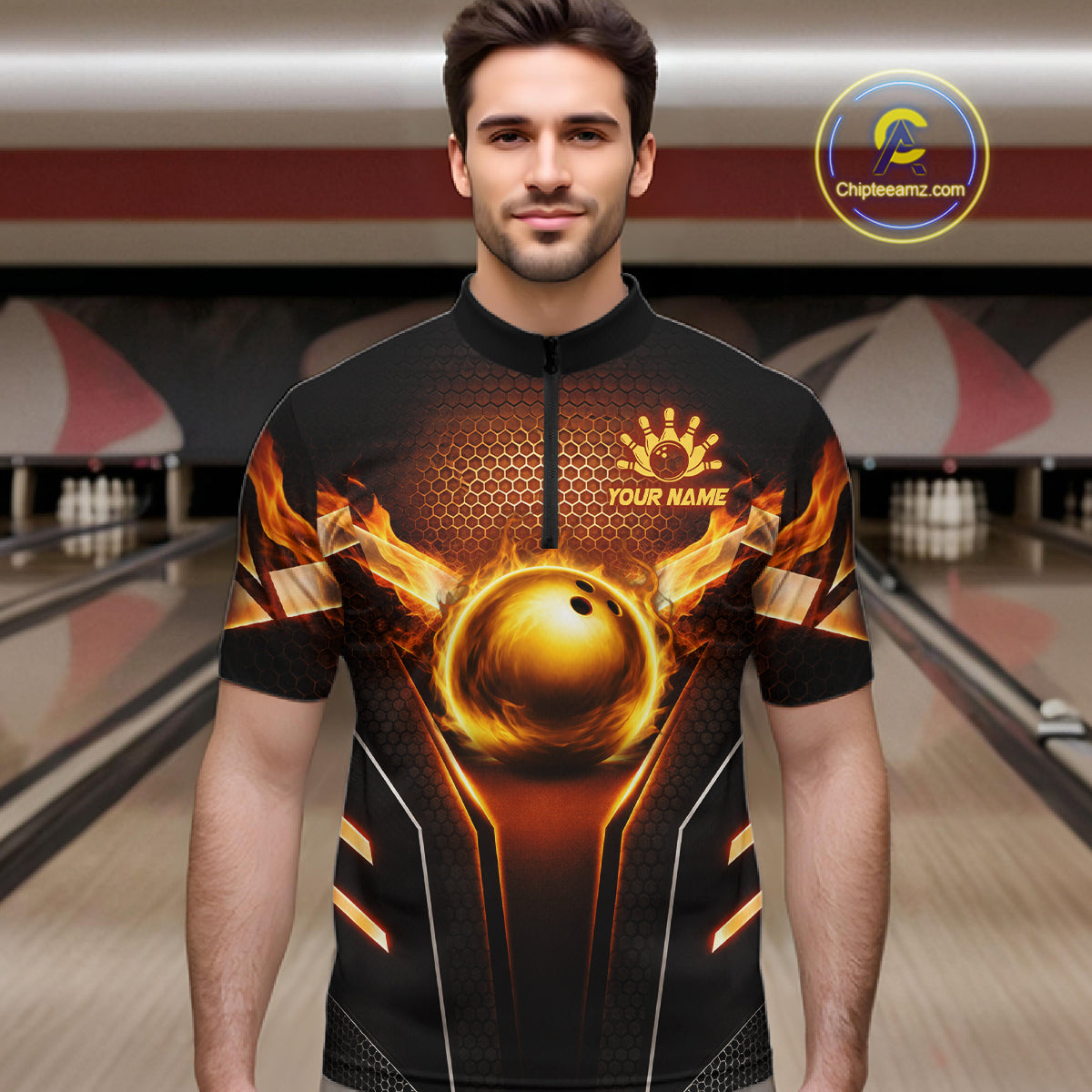 Custom Fire Flame Bowling Jerseys For Men, Personalized Bowling Pin & Ball Team Shirts | Yellow NYN3069