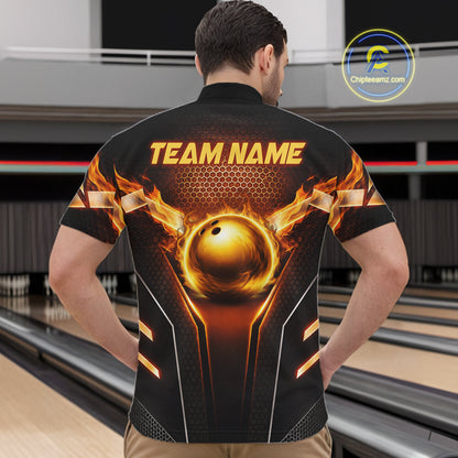 Custom Fire Flame Bowling Jerseys For Men, Personalized Bowling Pin & Ball Team Shirts | Yellow NYN3069
