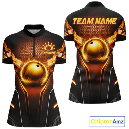 Custom Fire Flame Bowling Jerseys For Women, Personalized Bowling Pin & Ball Team Shirts | Yellow NYN3069