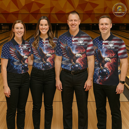 Personalized Fire Flame USA Flag Eagle Bowling Team Shirts For Men Outfits Patriotic Bowling Gifts NYN3073