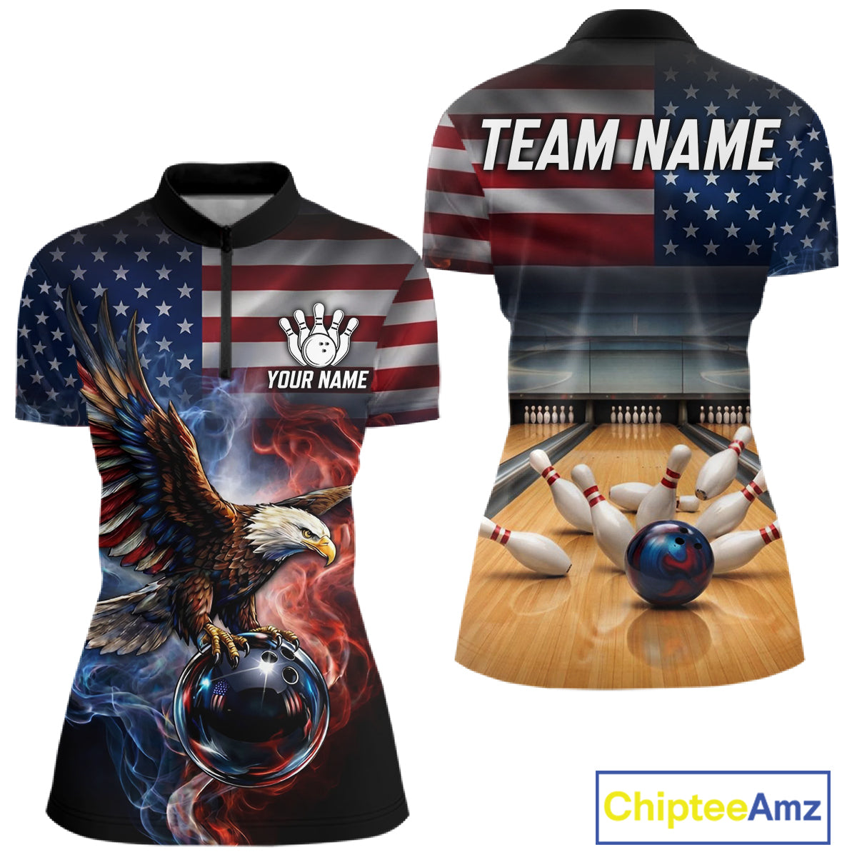 Personalized Fire Flame USA Flag Eagle Bowling Team Shirts For Women Outfits Patriotic Bowling Gifts NYN3073