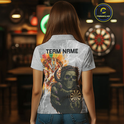 Women's Custom Darts Shirt With Death Reaper Fiery Dartboard & Lightning Effect NYN0295
