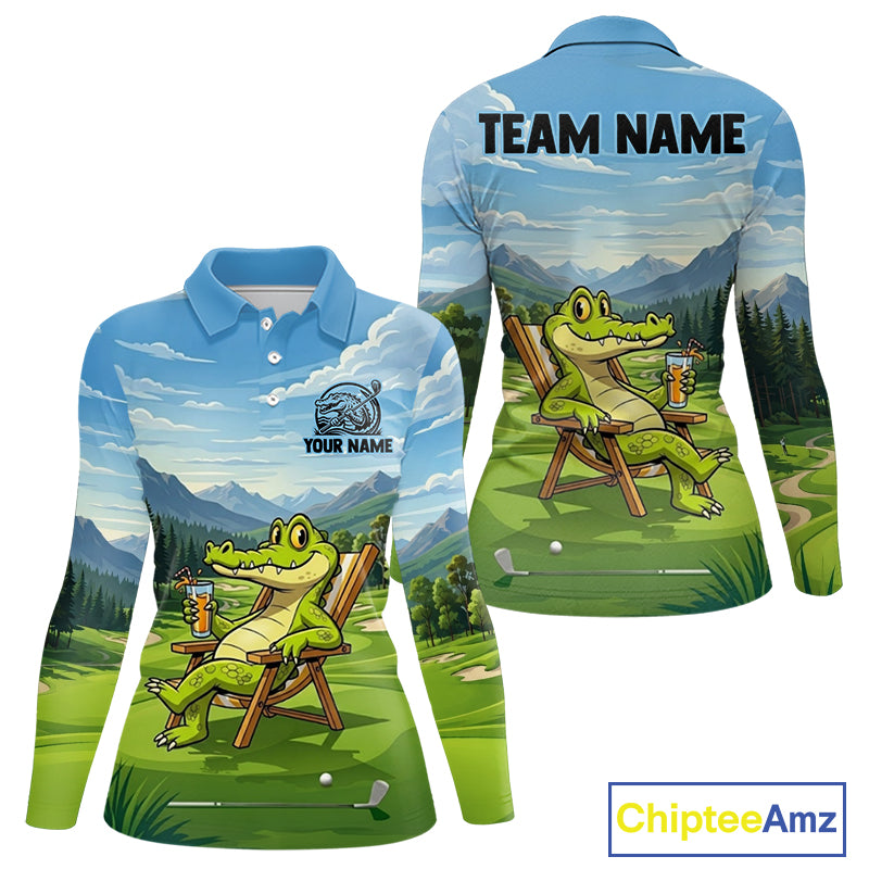 Funny Crocodile Golf Course Golf Polo Shirts For Women Personalized Team Name Golf Attire NYN3250