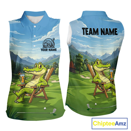 Funny Crocodile Golf Course Golf Sleeveless Polo Shirts For Women Personalized Team Name Golf Attire NYN3250