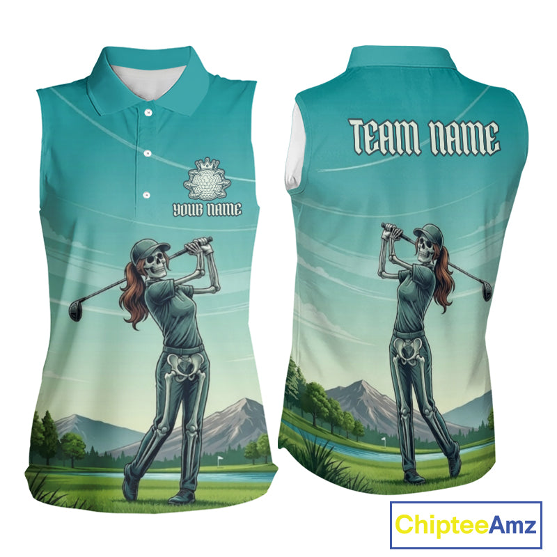 Funny Skeleton Golf Course Golf Sleeveless Polo Shirts For Women Personalized Team Name Golf Clothes NYN3252