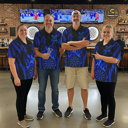 Grunge Black And Blue Flaming Dartboard Women Darts Shirt Personalized Team Darts Jersey NYN3247