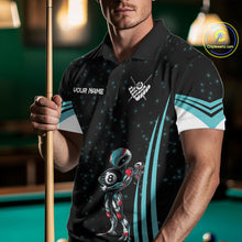 Load image into Gallery viewer, Male billiards player wearing Funny Alien 8 Ball turquoise galaxy pool jersey during league tournament, custom cue sports apparel