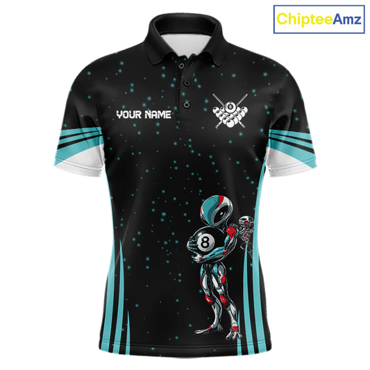 Funny Alien 8 Ball men's billiard polo shirt custom turquoise galaxy pool jersey, personalized billiards team uniform, 8 ball pool shirt, custom cue sports apparel