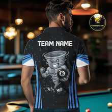 Load image into Gallery viewer, Male pool player wearing Funny Muscle Tornado 8 Ball blue billiard jersey during league competition and cue sports event