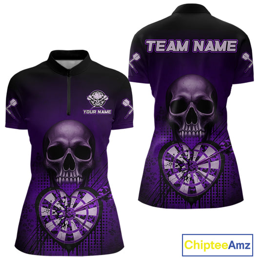 Black And Purple Skull Camo Heart Dartboard Darts Quarter-Zip Shirt For Women Grunge Dart Jerseys NYN1963