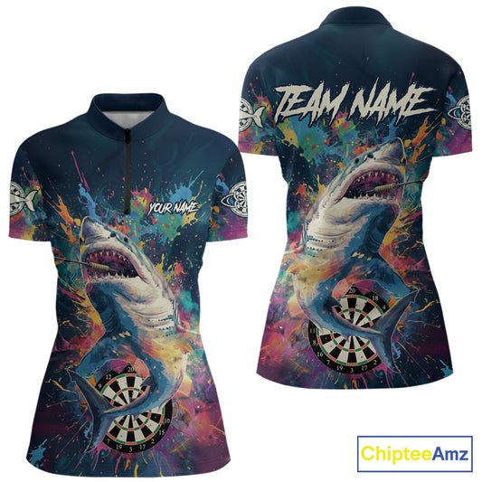 Personalized Multi-Color Splatter Funny Shark Women Darts Quarter-Zip League Shirts Dart Jerseys NYN2217