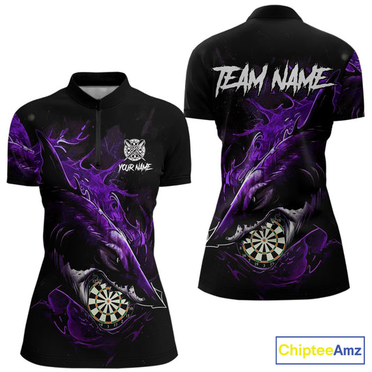Personalized Purple Horror Shark Women Darts Quarter-Zip League Shirts Funny Grunge Dart Jerseys NYN2220