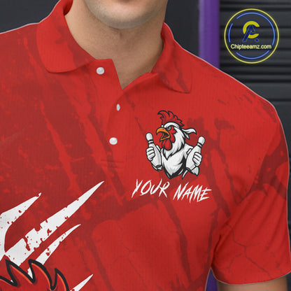 Custom White And Red Funny Rooster Bowling Polo & 1/4-Zip Team Shirts For Men Bowling Gifts NYN2721