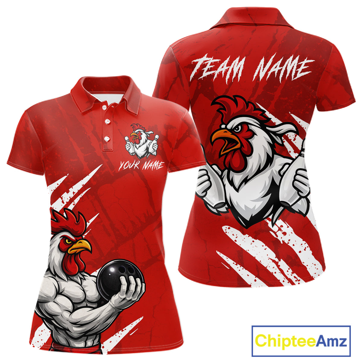 Custom White And Red Funny Rooster Bowling Polo & 1/4-Zip Team Shirts For Women Bowling Gifts NYN2721