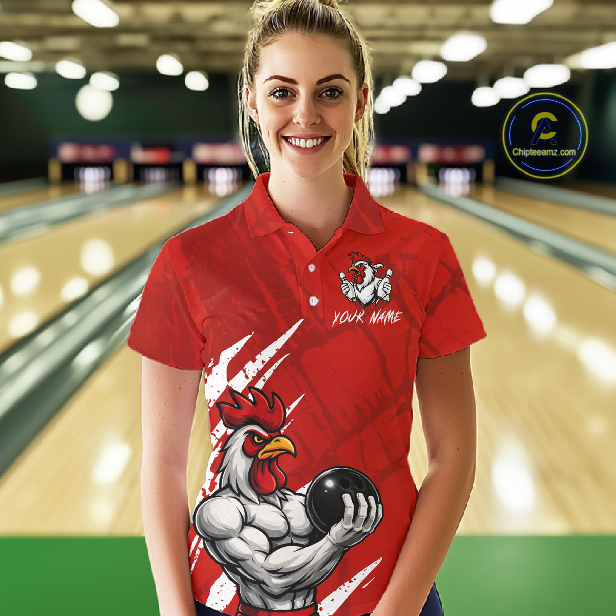 Custom White And Red Funny Rooster Bowling Polo & 1/4-Zip Team Shirts For Women Bowling Gifts NYN2721