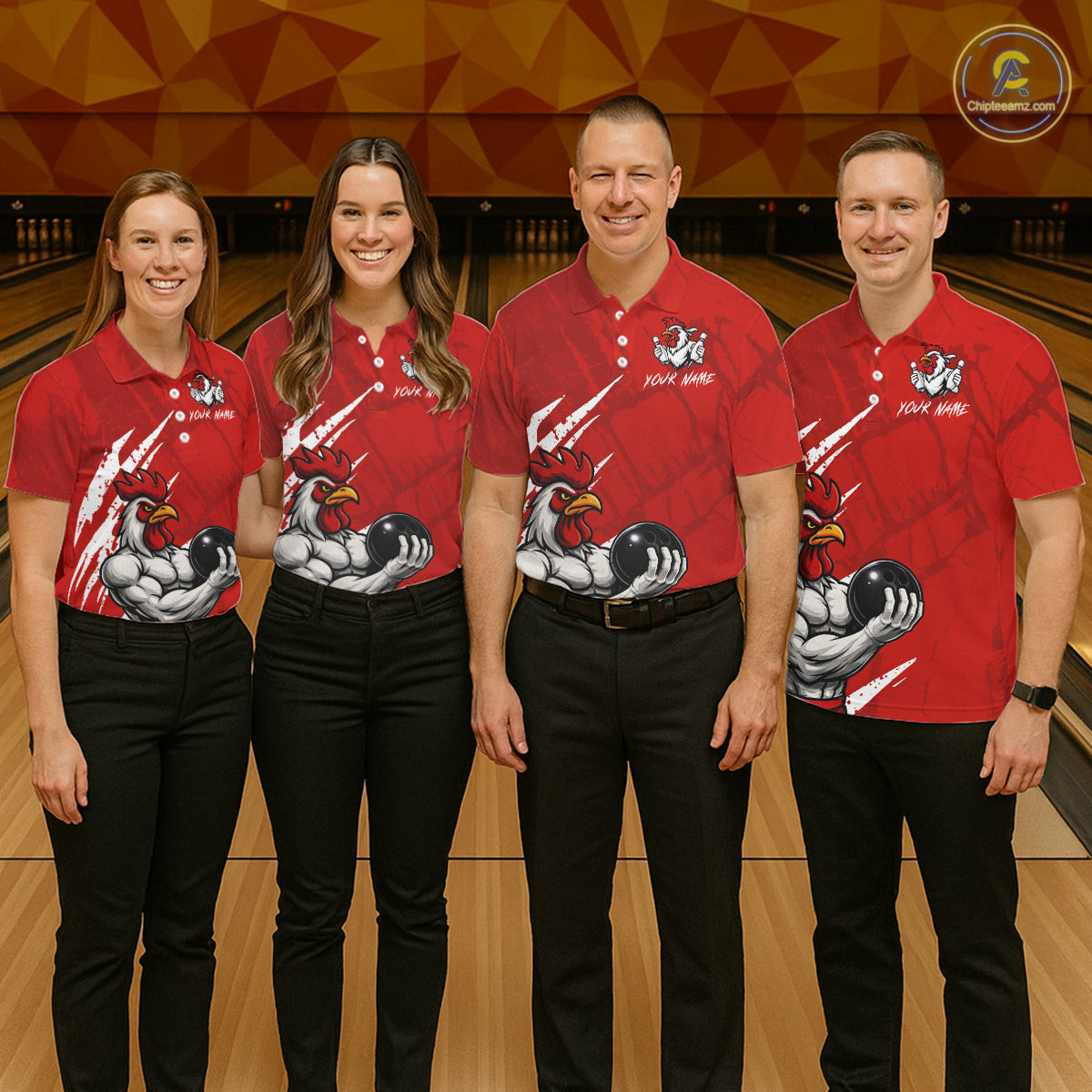 Custom White And Red Funny Rooster Bowling Polo & 1/4-Zip Team Shirts For Men Bowling Gifts NYN2721