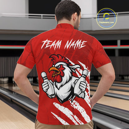 Custom White And Red Funny Rooster Bowling Polo & 1/4-Zip Team Shirts For Men Bowling Gifts NYN2721