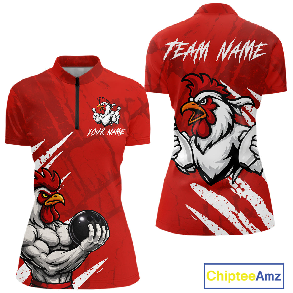 Custom White And Red Funny Rooster Bowling Polo & 1/4-Zip Team Shirts For Women Bowling Gifts NYN2721