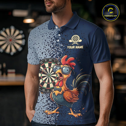 Blue Hexagon Splatter Funny Rooster Darts Polo & 1/4-Zip Shirt Custom Dart Jersey For Men NYN3082