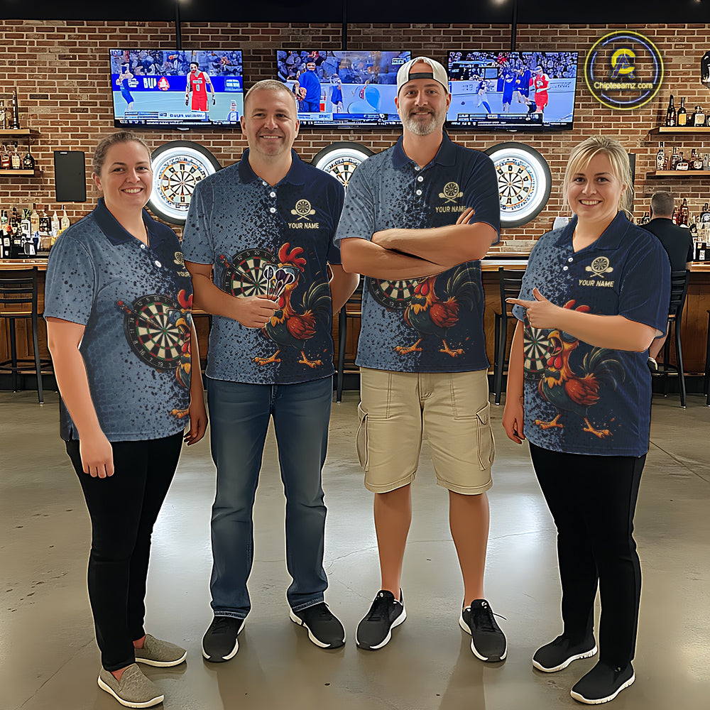 Blue Hexagon Splatter Funny Rooster Darts Polo & 1/4-Zip Shirt Custom Dart Jersey For Women NYN3082